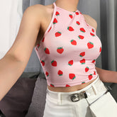 Cute Strawberry Pattern Halter Crop Tops
